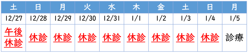 年末年始休診カレンダー